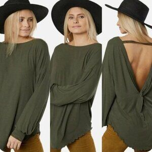 Free People Shimmy Shake Low Back Long Sleeve Top in Army Green S NWT